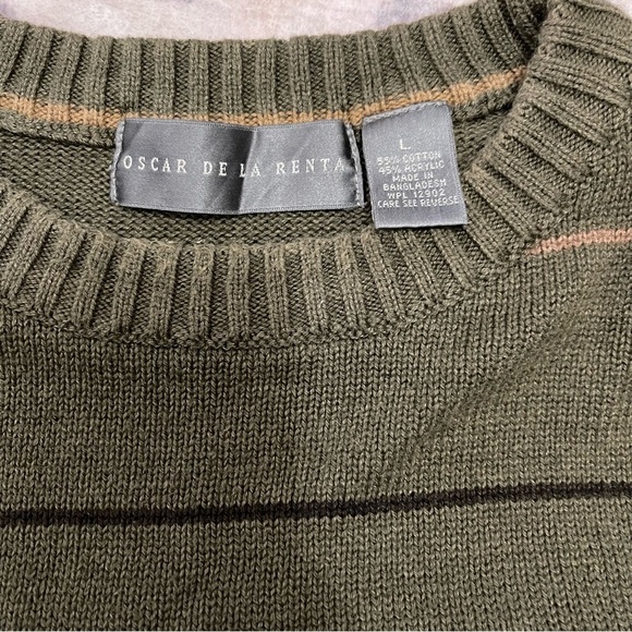 Oscar De La Renta Vintage Crewneck Sweater Olive Green Striped Large - Picture 3 of 5